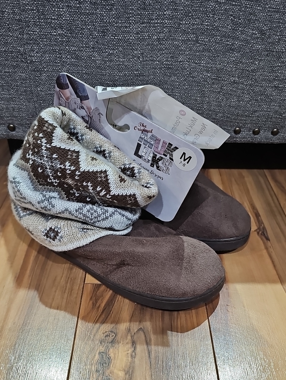 Muk Luks Women's Medium 7-8 Cozy Brown Knit Cuff Slipper Boot New With Tags